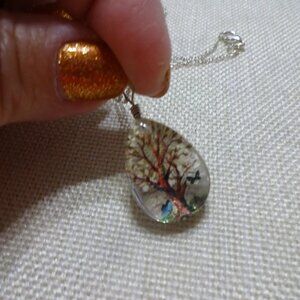 Beautiful BABY'S BREATH TREE with BUTTERFLIES Resin Pendant/Chain #586C